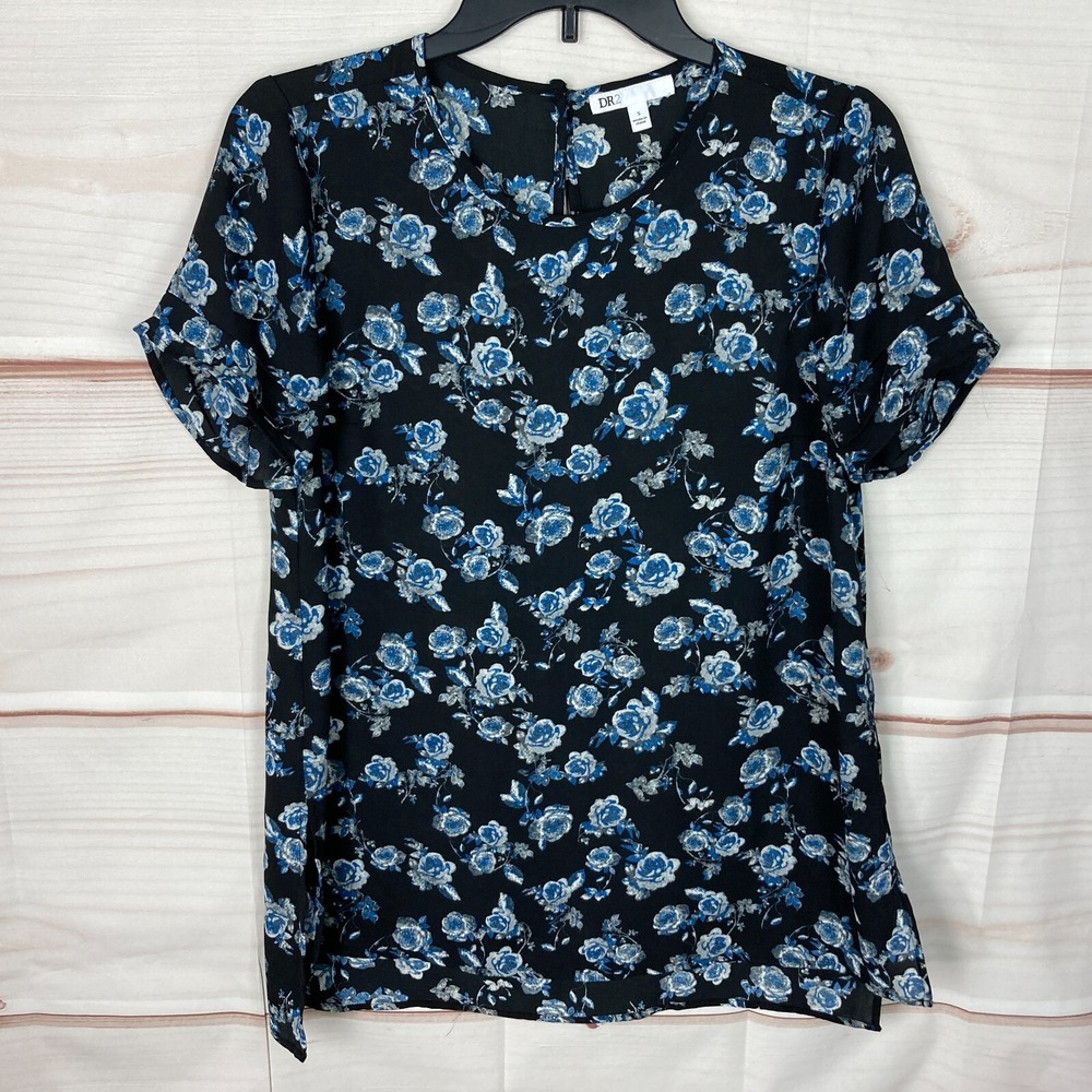 DR2 Top Womens S Black Blue Floral Blouse Short Sleeve Round Neck T-Shirt Woven